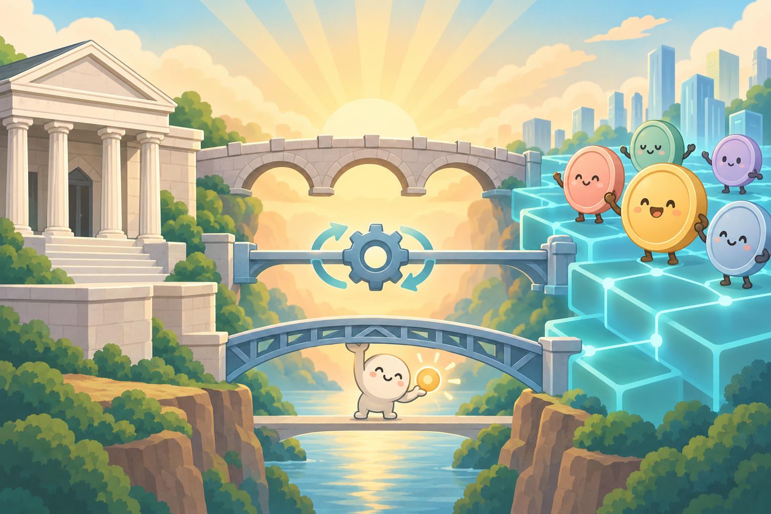 左に柱のある中央銀行の建物、右に光るブロックの台帳に乗ったコインのキャラクターたちがいて、その間を石橋・歯車つきの橋・小さなキャラクターが支える橋の3本がつないでいる、中央銀行マネーとトークン化市場の3つの接続方式を表した概念イラスト