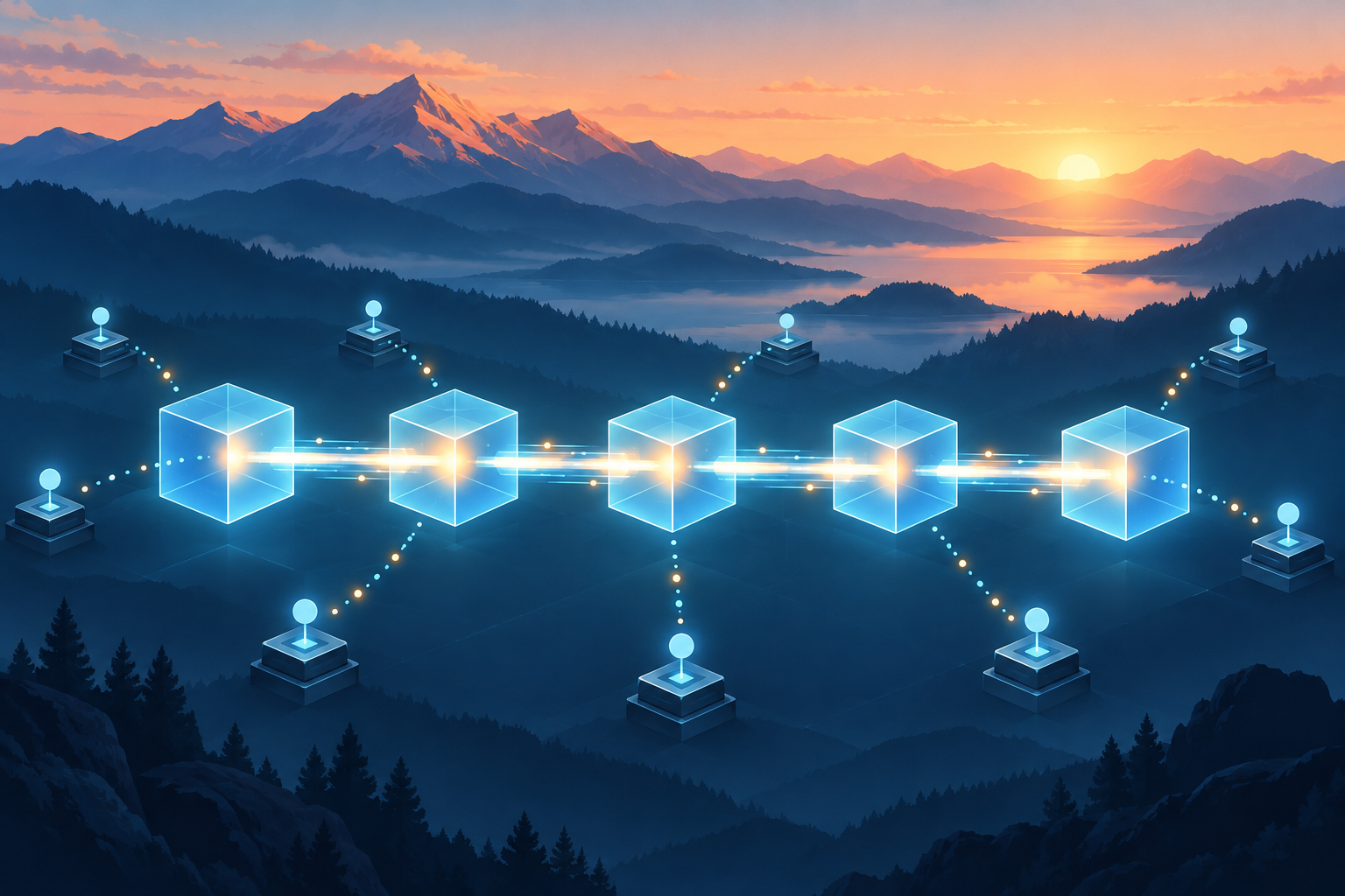 夜明けの山並みを背景に、光の筋でつながる半透明のブロックと、周囲から投票の光を送るノードを描いたイメージ