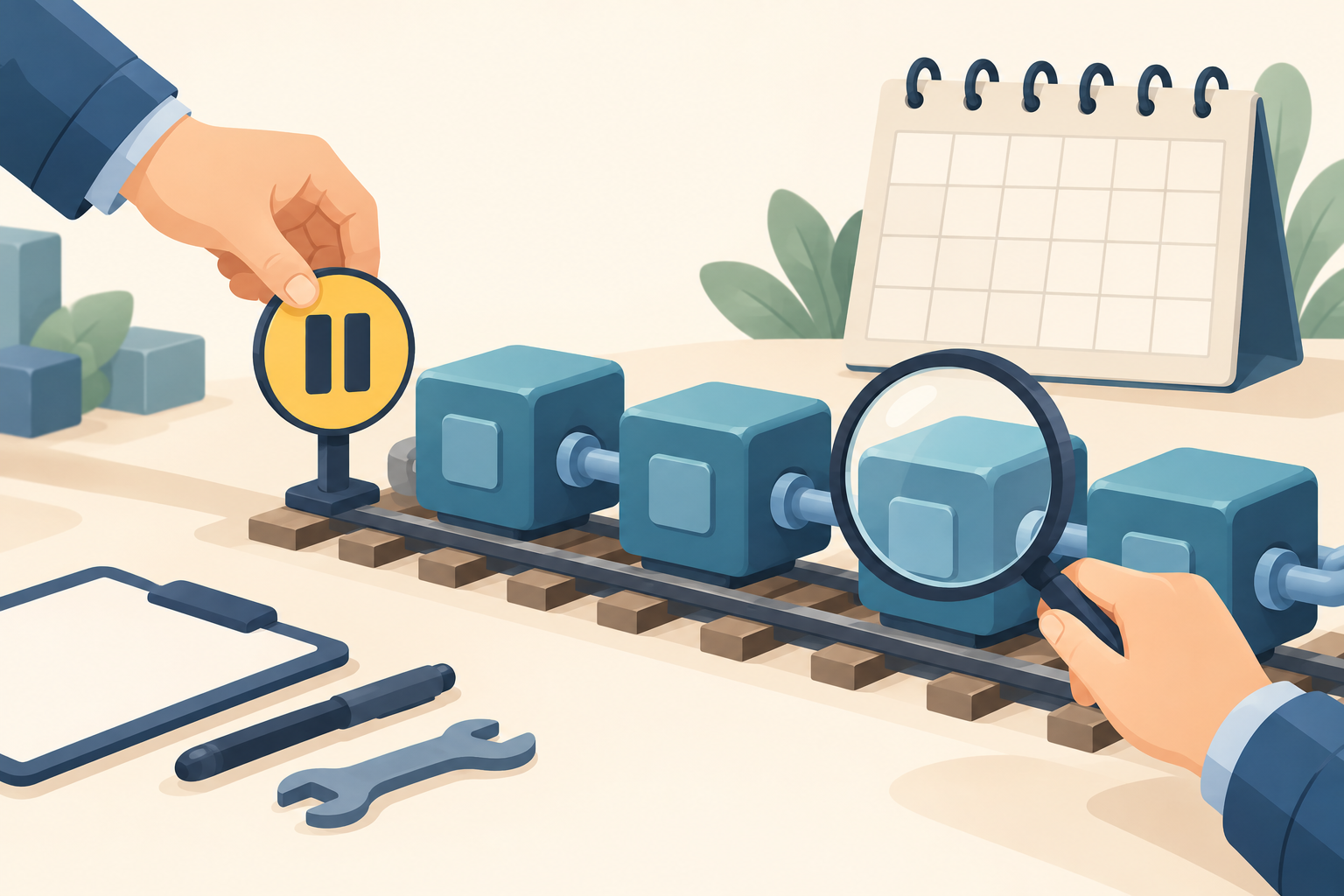 線路の上に連なるブロックの前に一時停止の標識が置かれ、虫眼鏡で点検されている横に日付のないカレンダーがあるイラスト