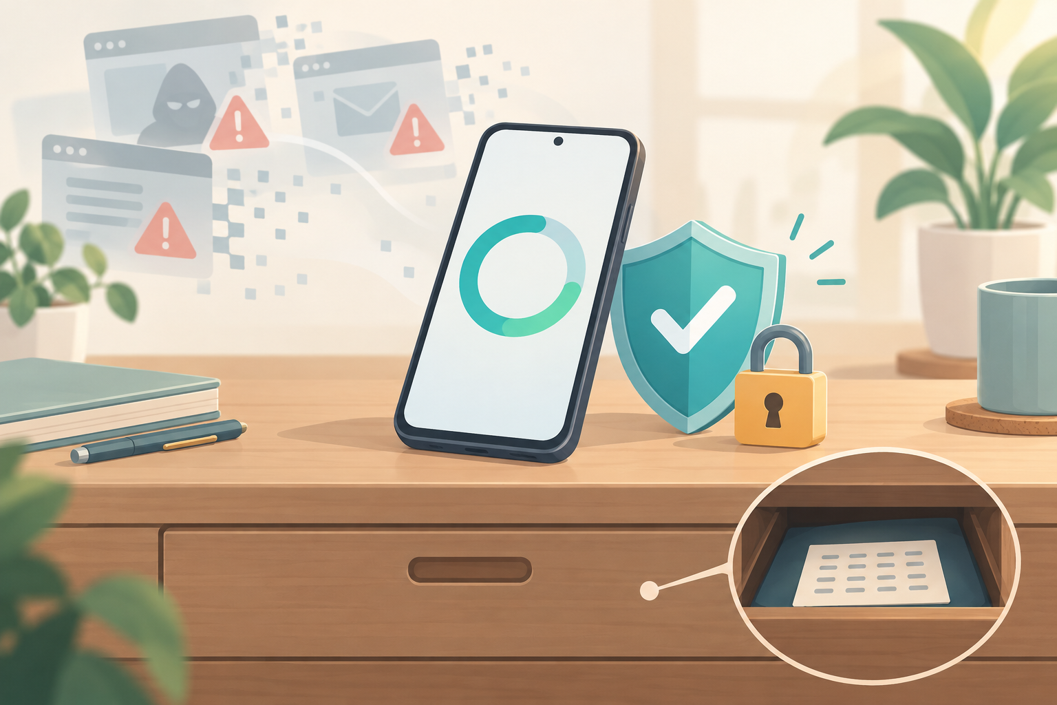 スマートフォンにOSアップデートの進行リングと盾のアイコンが重なり、背景の警告マーク付きのページが薄れていくイラスト